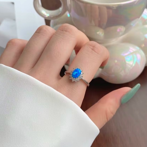 S925 Sterling Silver Clear Sunflower Sea Blue Opal Cubic Zirconia Ring - Picture 4 of 7